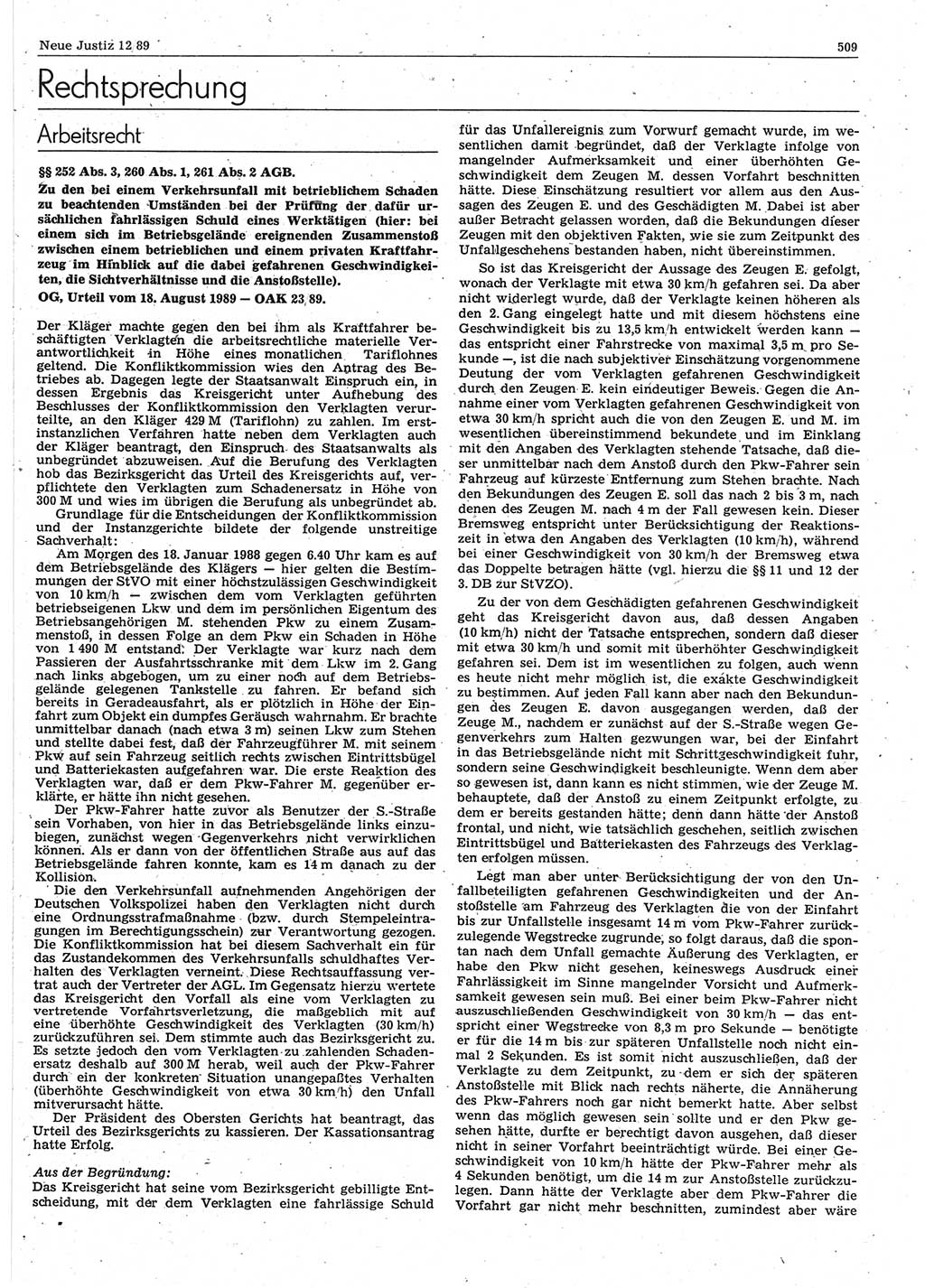 Neue Justiz (NJ), Zeitschrift für sozialistisches Recht und Gesetzlichkeit [Deutsche Demokratische Republik (DDR)], 43. Jahrgang 1989, Seite 509 (NJ DDR 1989, S. 509)