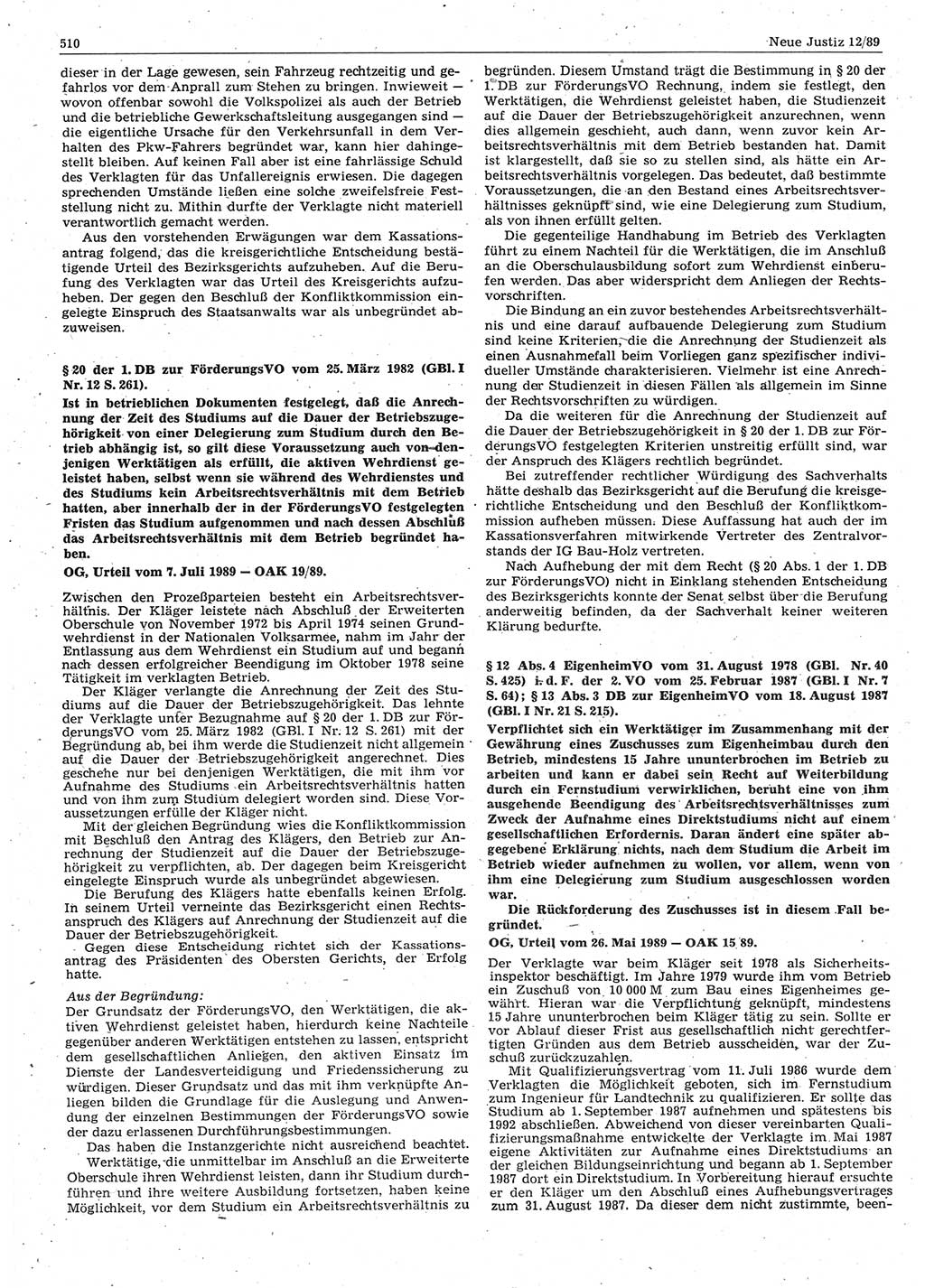 Neue Justiz (NJ), Zeitschrift für sozialistisches Recht und Gesetzlichkeit [Deutsche Demokratische Republik (DDR)], 43. Jahrgang 1989, Seite 510 (NJ DDR 1989, S. 510)