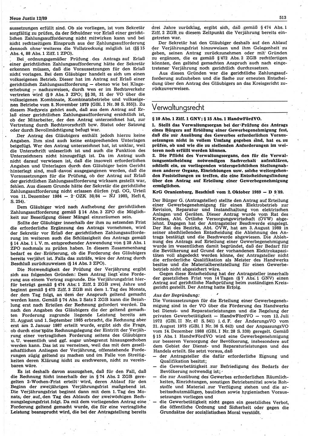 Neue Justiz (NJ), Zeitschrift für sozialistisches Recht und Gesetzlichkeit [Deutsche Demokratische Republik (DDR)], 43. Jahrgang 1989, Seite 513 (NJ DDR 1989, S. 513)