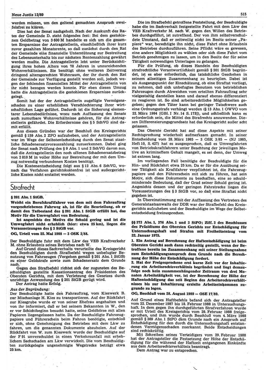 Neue Justiz (NJ), Zeitschrift für sozialistisches Recht und Gesetzlichkeit [Deutsche Demokratische Republik (DDR)], 43. Jahrgang 1989, Seite 515 (NJ DDR 1989, S. 515)