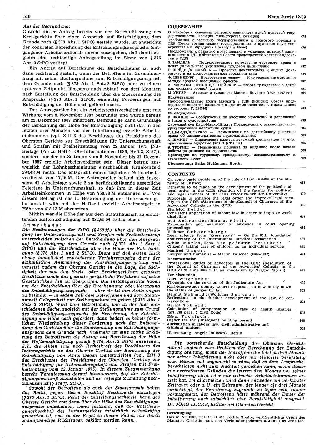 Neue Justiz (NJ), Zeitschrift für sozialistisches Recht und Gesetzlichkeit [Deutsche Demokratische Republik (DDR)], 43. Jahrgang 1989, Seite 516 (NJ DDR 1989, S. 516)