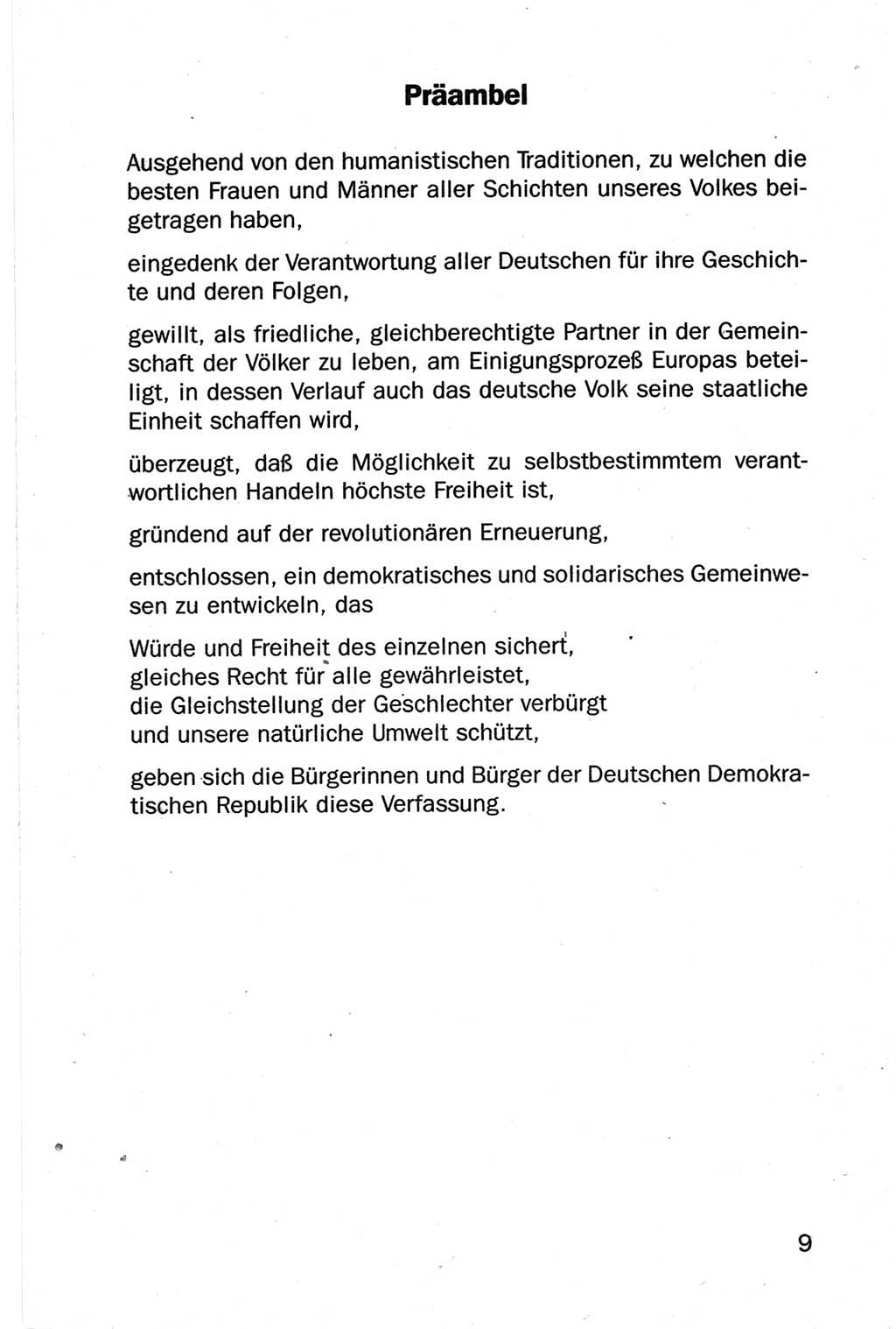 Entwurf Verfassung der Deutschen Demokratischen Republik (DDR), Arbeitsgruppe "Neue Verfassung der DDR" des Runden Tisches, Berlin 1990, Seite 9 (Entw. Verf. DDR 1990, S. 9)