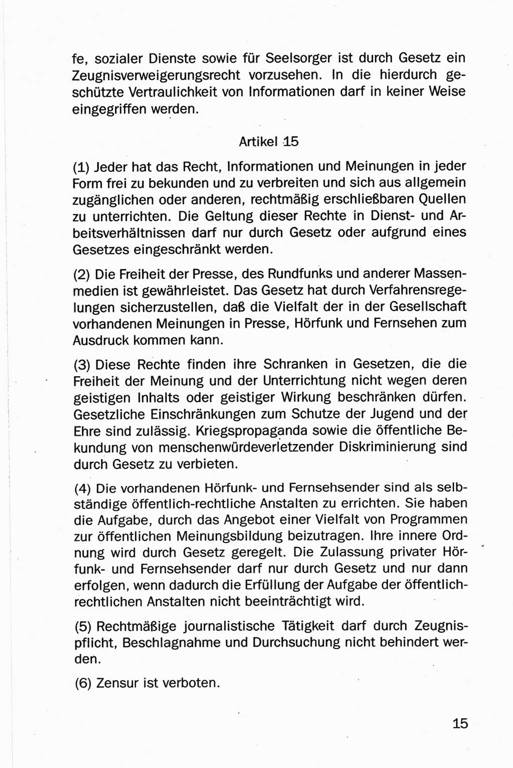 Entwurf Verfassung der Deutschen Demokratischen Republik (DDR), Arbeitsgruppe "Neue Verfassung der DDR" des Runden Tisches, Berlin 1990, Seite 15 (Entw. Verf. DDR 1990, S. 15)