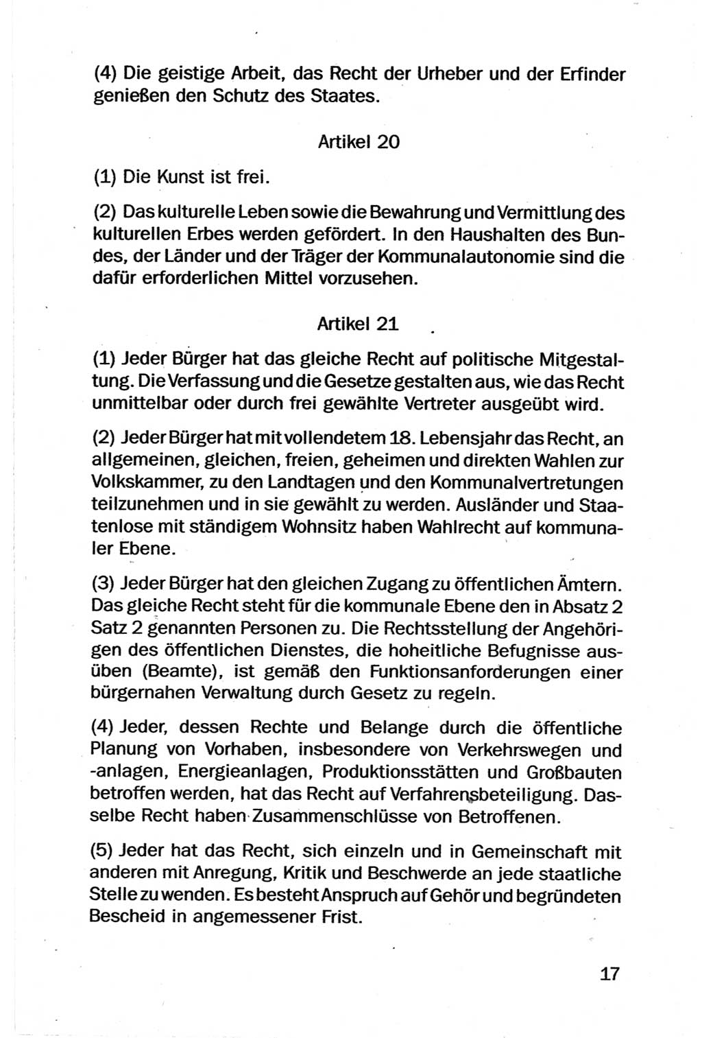 Entwurf Verfassung der Deutschen Demokratischen Republik (DDR), Arbeitsgruppe "Neue Verfassung der DDR" des Runden Tisches, Berlin 1990, Seite 17 (Entw. Verf. DDR 1990, S. 17)