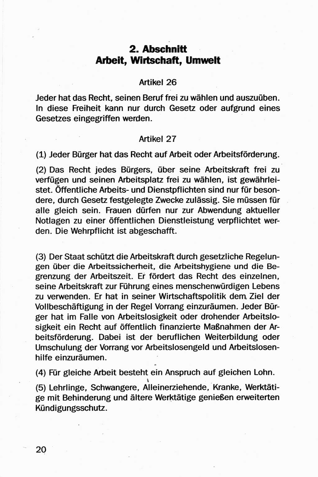 Entwurf Verfassung der Deutschen Demokratischen Republik (DDR), Arbeitsgruppe "Neue Verfassung der DDR" des Runden Tisches, Berlin 1990, Seite 20 (Entw. Verf. DDR 1990, S. 20)