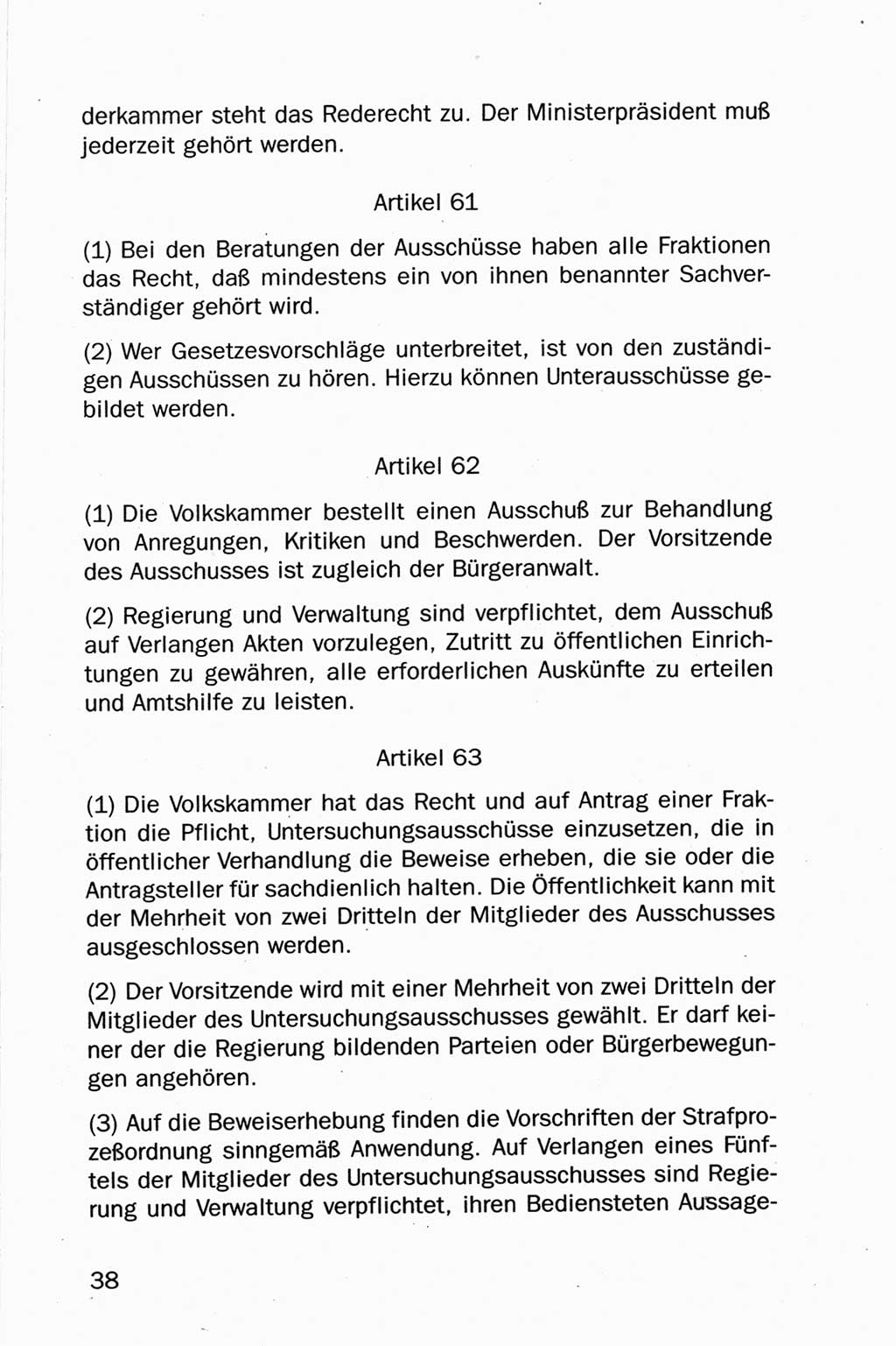 Entwurf Verfassung der Deutschen Demokratischen Republik (DDR), Arbeitsgruppe "Neue Verfassung der DDR" des Runden Tisches, Berlin 1990, Seite 38 (Entw. Verf. DDR 1990, S. 38)