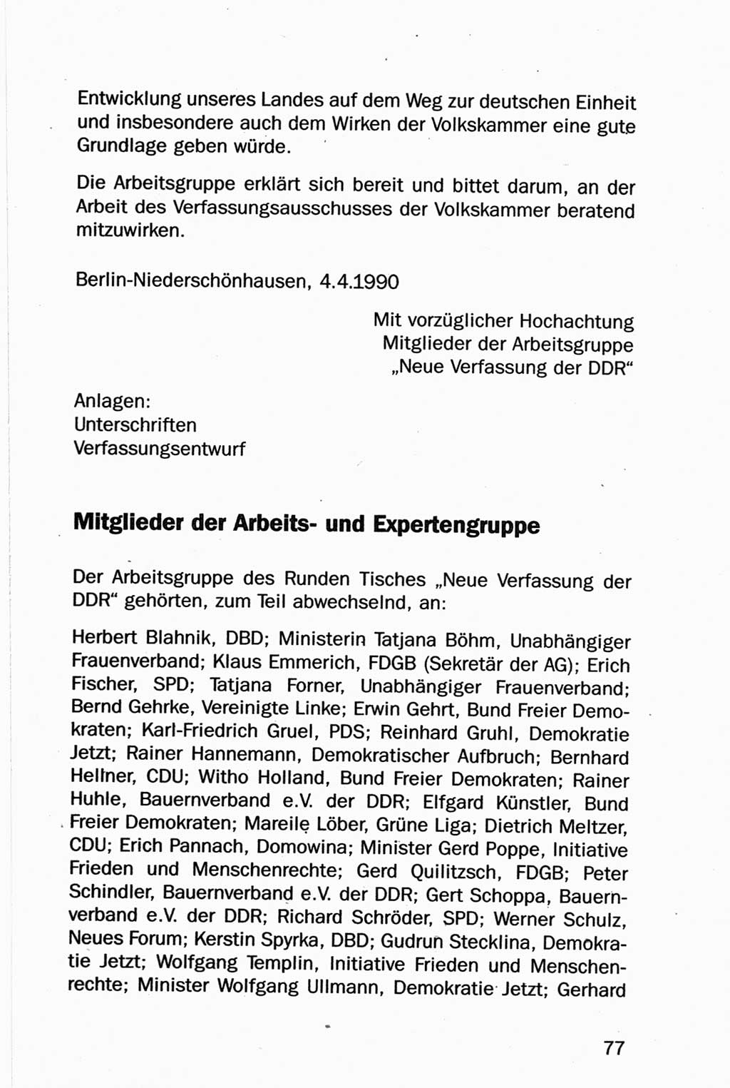 Entwurf Verfassung der Deutschen Demokratischen Republik (DDR), Arbeitsgruppe "Neue Verfassung der DDR" des Runden Tisches, Berlin 1990, Seite 77 (Entw. Verf. DDR 1990, S. 77)