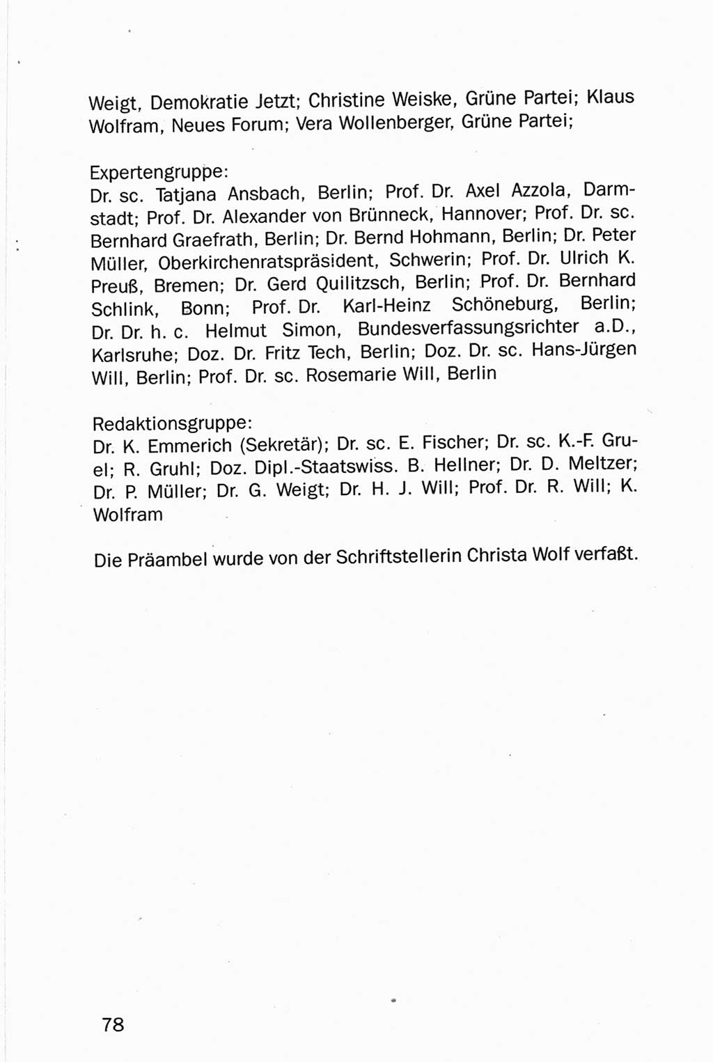 Entwurf Verfassung der Deutschen Demokratischen Republik (DDR), Arbeitsgruppe "Neue Verfassung der DDR" des Runden Tisches, Berlin 1990, Seite 78 (Entw. Verf. DDR 1990, S. 78)