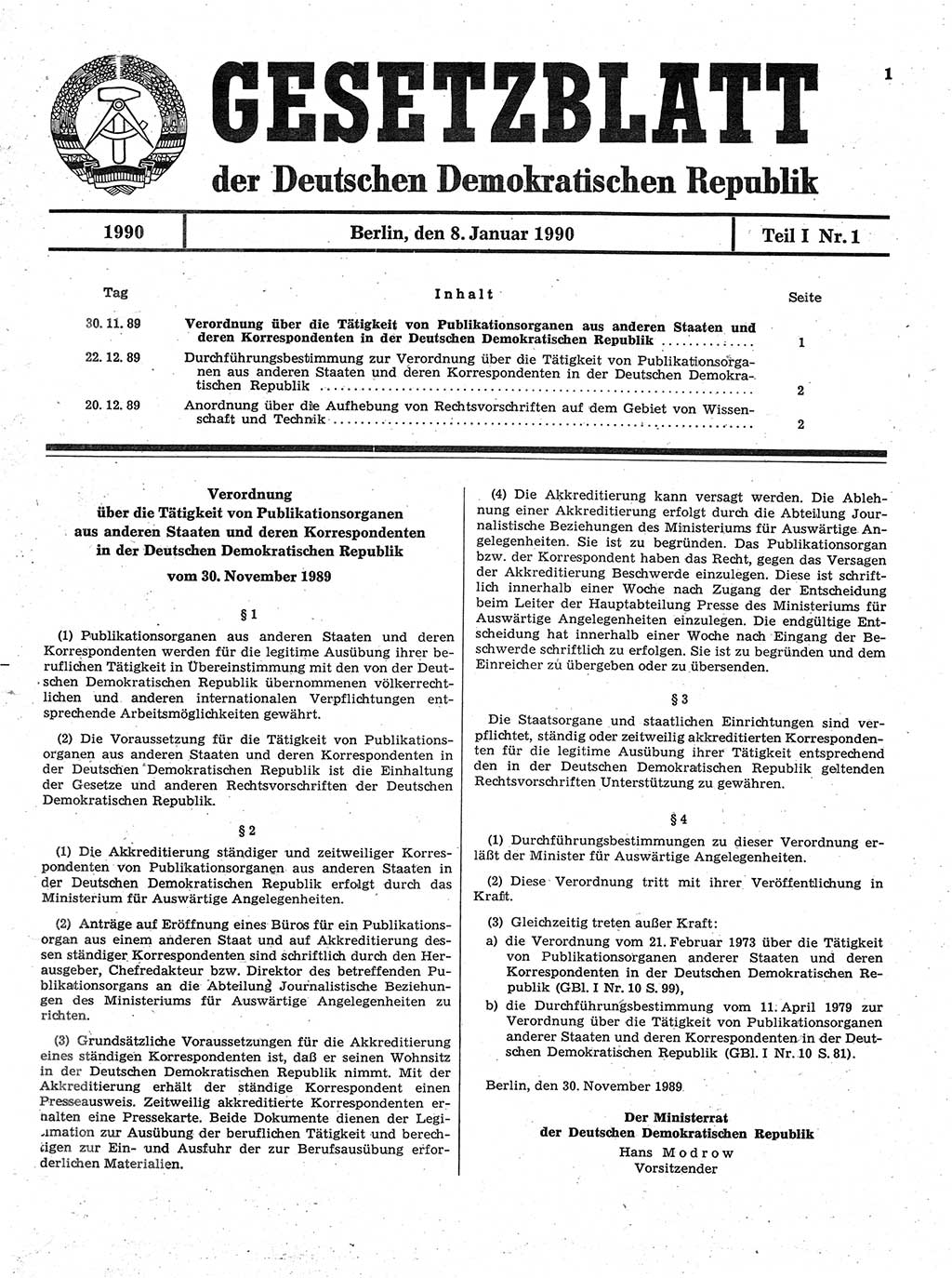 Gesetzblatt (GBl.) der Deutschen Demokratischen Republik (DDR) Teil Ⅰ 1990, Seite 1 (GBl. DDR Ⅰ 1990, S. 1)