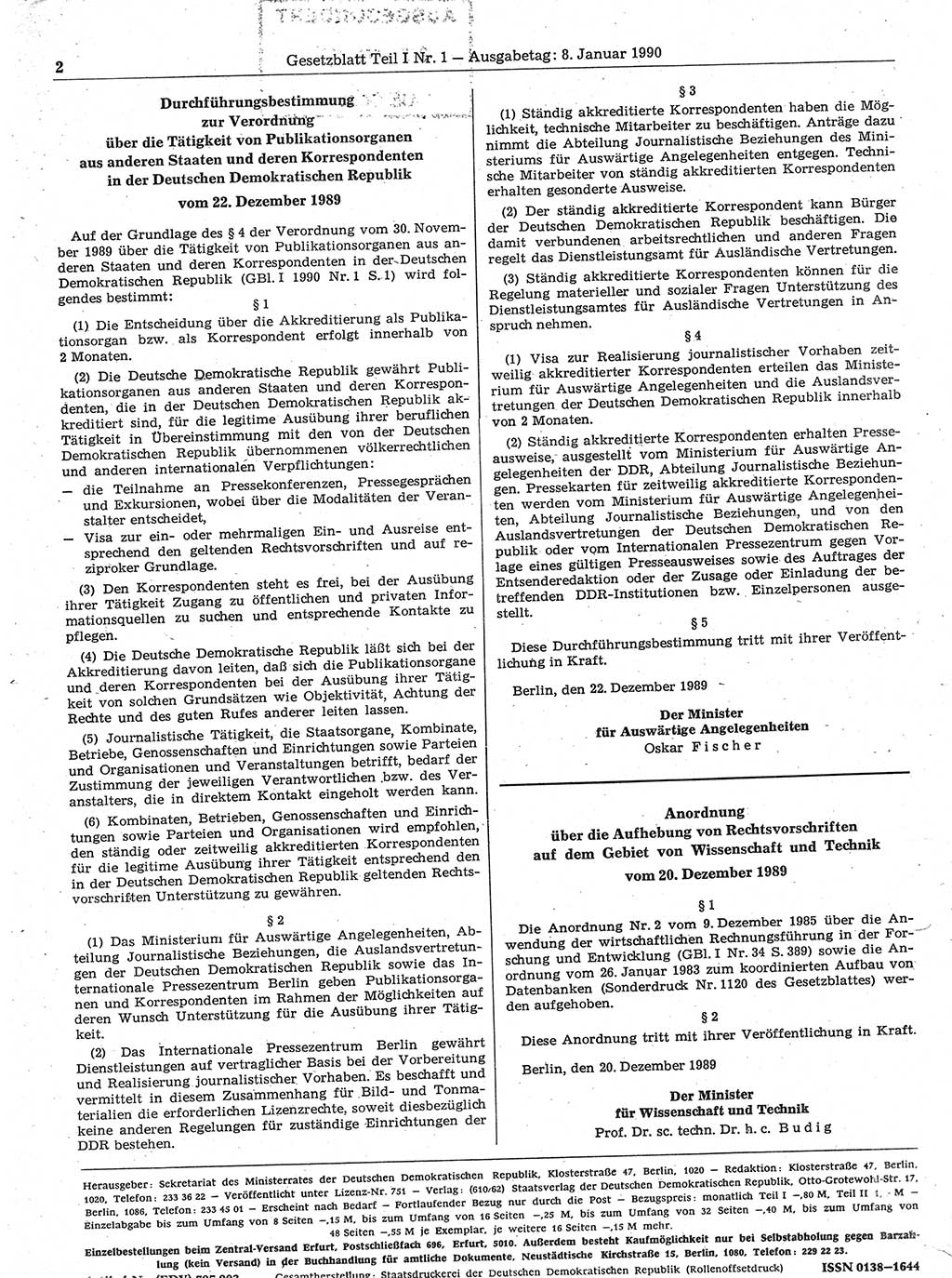 Gesetzblatt (GBl.) der Deutschen Demokratischen Republik (DDR) Teil Ⅰ 1990, Seite 2 (GBl. DDR Ⅰ 1990, S. 2)