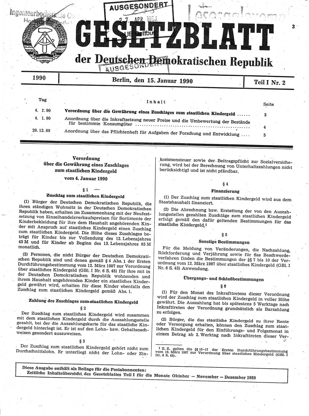 Gesetzblatt (GBl.) der Deutschen Demokratischen Republik (DDR) Teil Ⅰ 1990, Seite 3 (GBl. DDR Ⅰ 1990, S. 3)