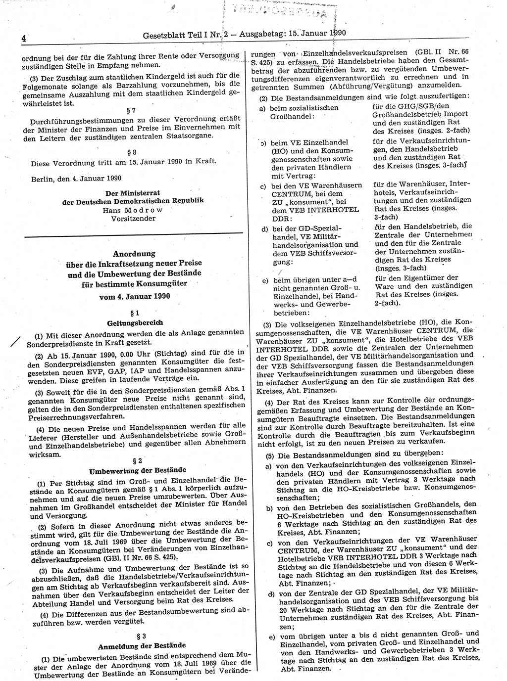 Gesetzblatt (GBl.) der Deutschen Demokratischen Republik (DDR) Teil Ⅰ 1990, Seite 4 (GBl. DDR Ⅰ 1990, S. 4)