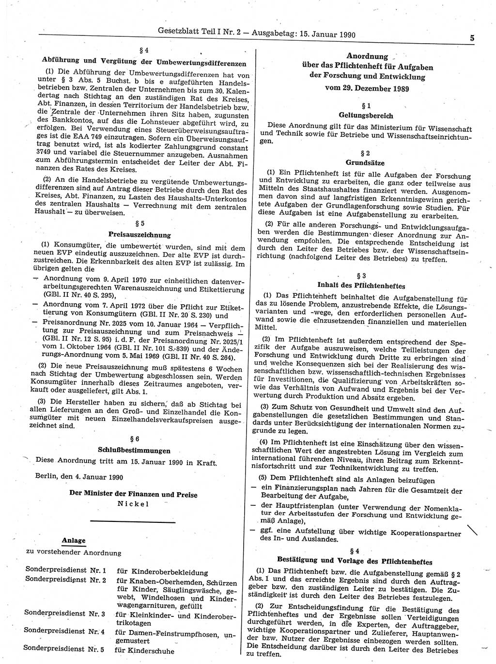 Gesetzblatt (GBl.) der Deutschen Demokratischen Republik (DDR) Teil Ⅰ 1990, Seite 5 (GBl. DDR Ⅰ 1990, S. 5)