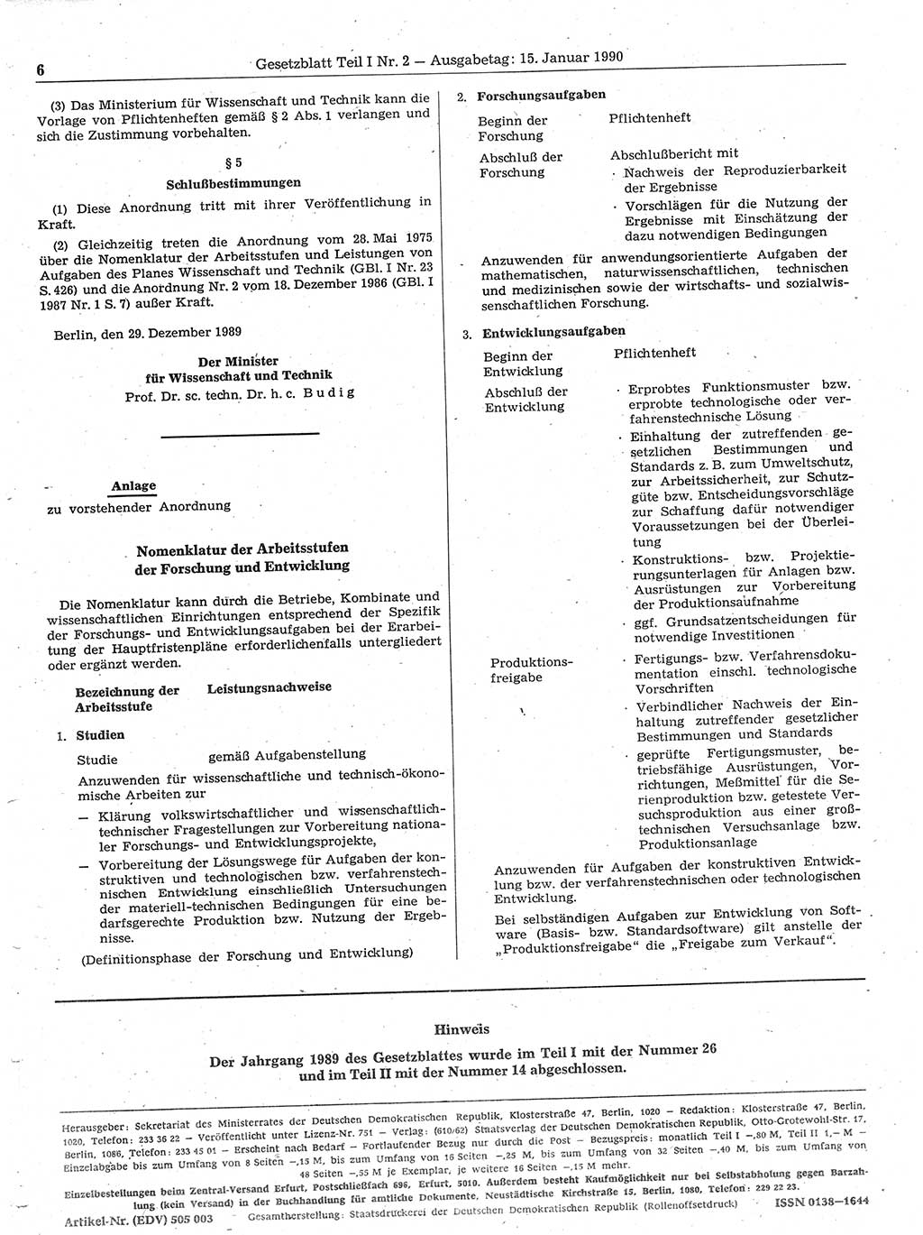 Gesetzblatt (GBl.) der Deutschen Demokratischen Republik (DDR) Teil Ⅰ 1990, Seite 6 (GBl. DDR Ⅰ 1990, S. 6)