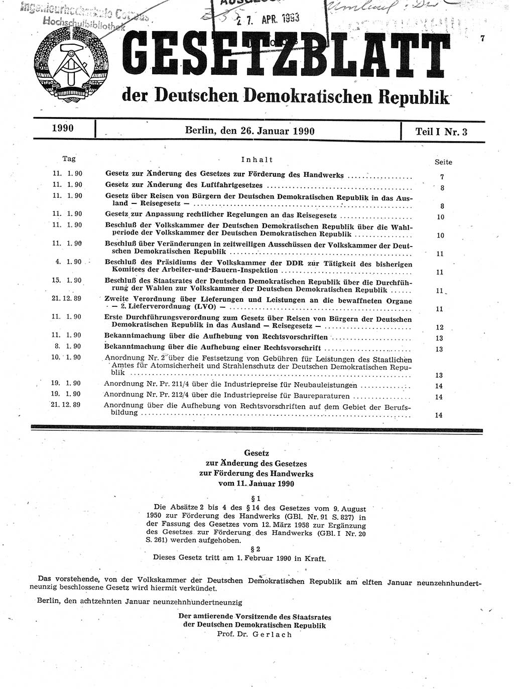 Gesetzblatt (GBl.) der Deutschen Demokratischen Republik (DDR) Teil Ⅰ 1990, Seite 7 (GBl. DDR Ⅰ 1990, S. 7)