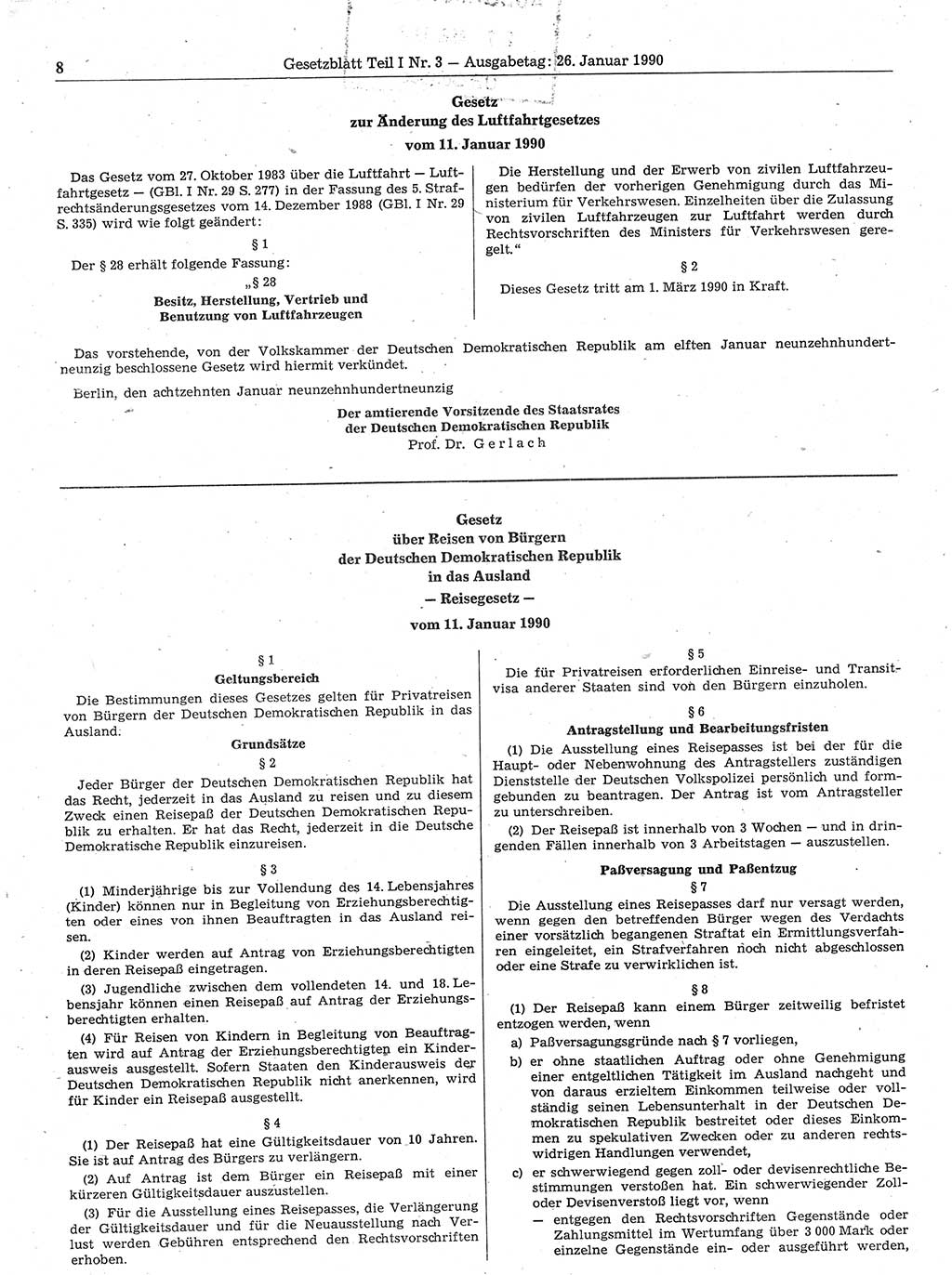 Gesetzblatt (GBl.) der Deutschen Demokratischen Republik (DDR) Teil Ⅰ 1990, Seite 8 (GBl. DDR Ⅰ 1990, S. 8)