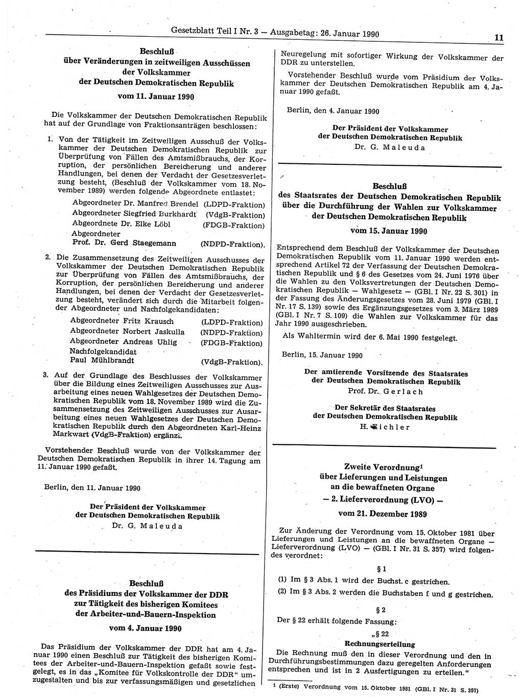 Gesetzblatt (GBl.) der Deutschen Demokratischen Republik (DDR) Teil Ⅰ 1990, Seite 11 (GBl. DDR Ⅰ 1990, S. 11)