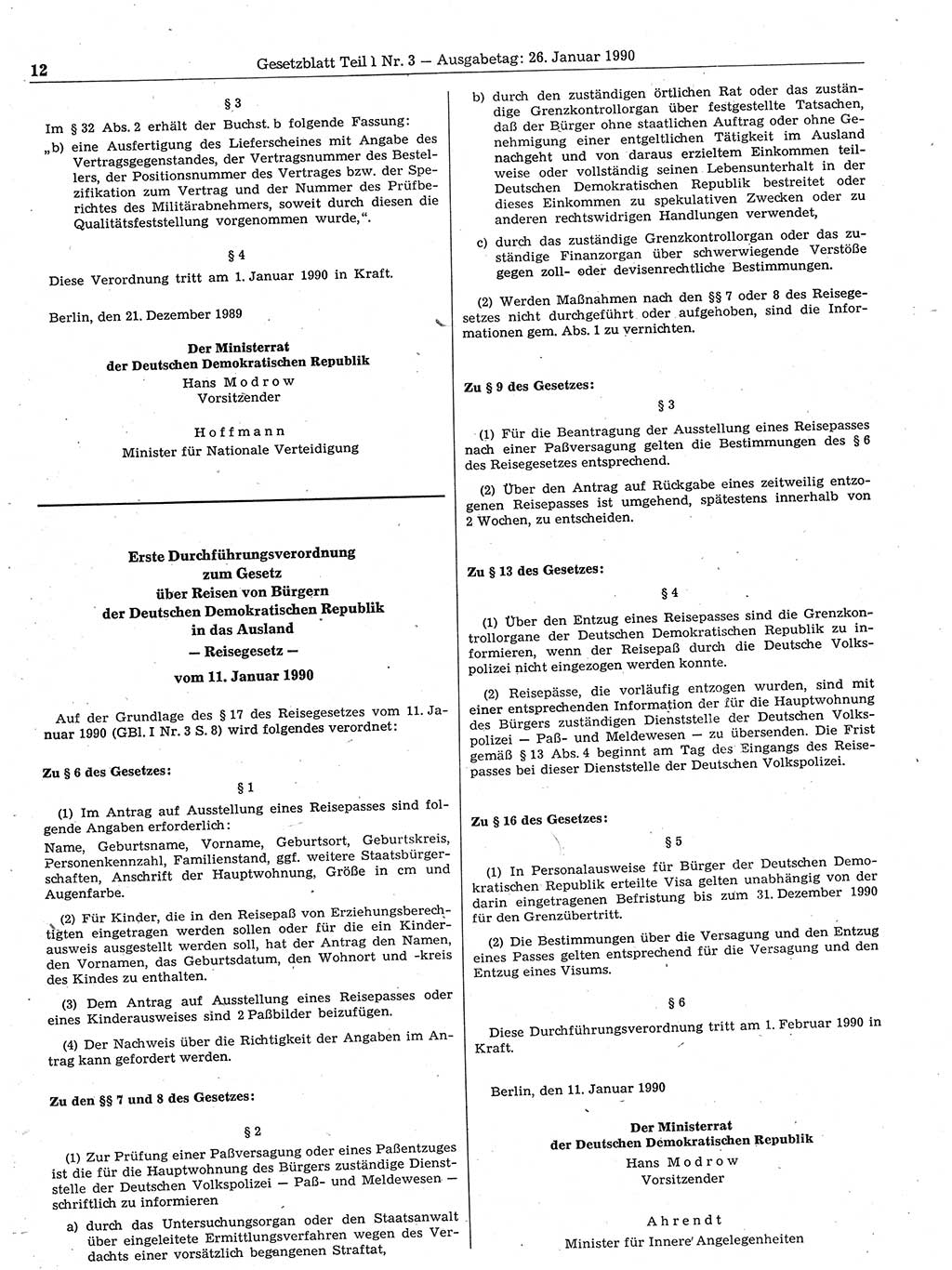 Gesetzblatt (GBl.) der Deutschen Demokratischen Republik (DDR) Teil Ⅰ 1990, Seite 12 (GBl. DDR Ⅰ 1990, S. 12)