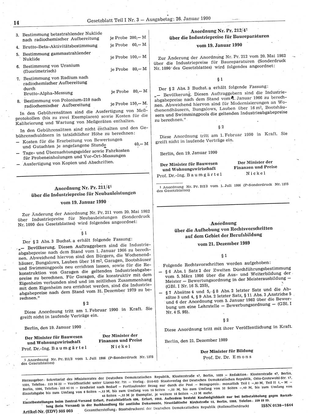 Gesetzblatt (GBl.) der Deutschen Demokratischen Republik (DDR) Teil Ⅰ 1990, Seite 14 (GBl. DDR Ⅰ 1990, S. 14)