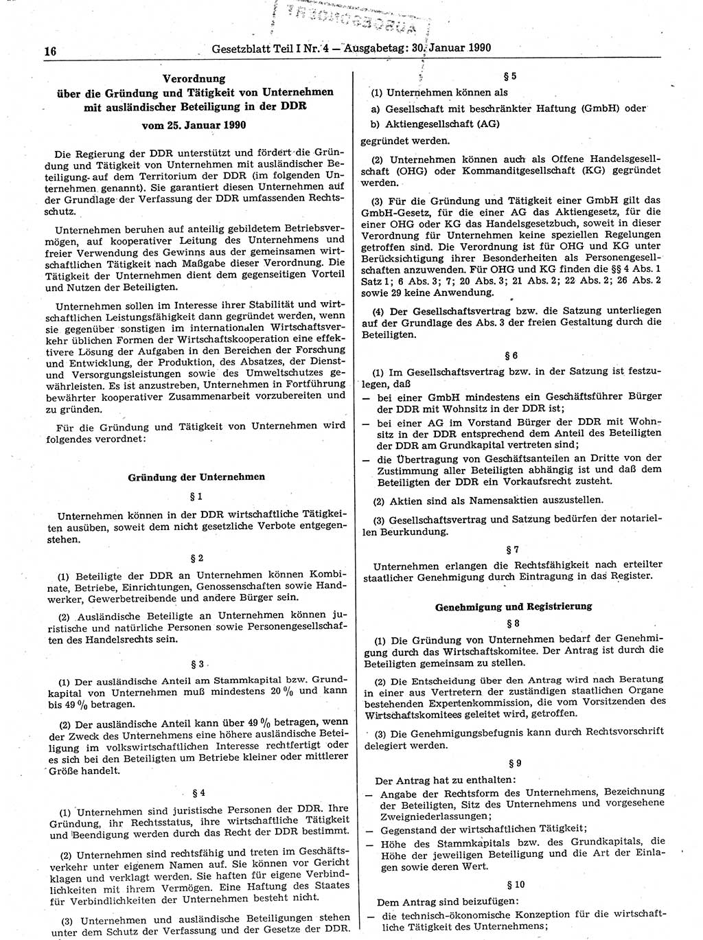 Gesetzblatt (GBl.) der Deutschen Demokratischen Republik (DDR) Teil Ⅰ 1990, Seite 16 (GBl. DDR Ⅰ 1990, S. 16)
