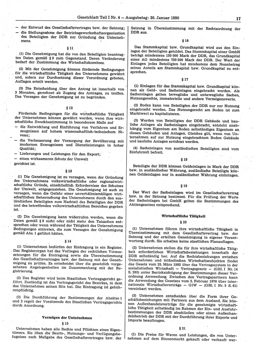 Gesetzblatt (GBl.) der Deutschen Demokratischen Republik (DDR) Teil Ⅰ 1990, Seite 17 (GBl. DDR Ⅰ 1990, S. 17)