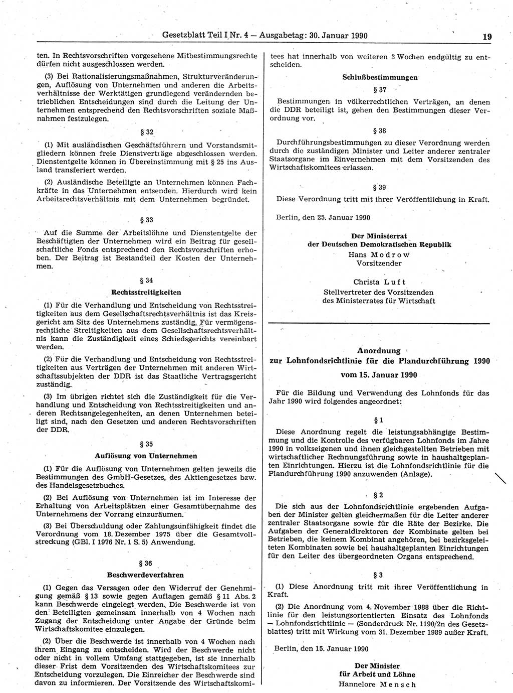 Gesetzblatt (GBl.) der Deutschen Demokratischen Republik (DDR) Teil Ⅰ 1990, Seite 19 (GBl. DDR Ⅰ 1990, S. 19)