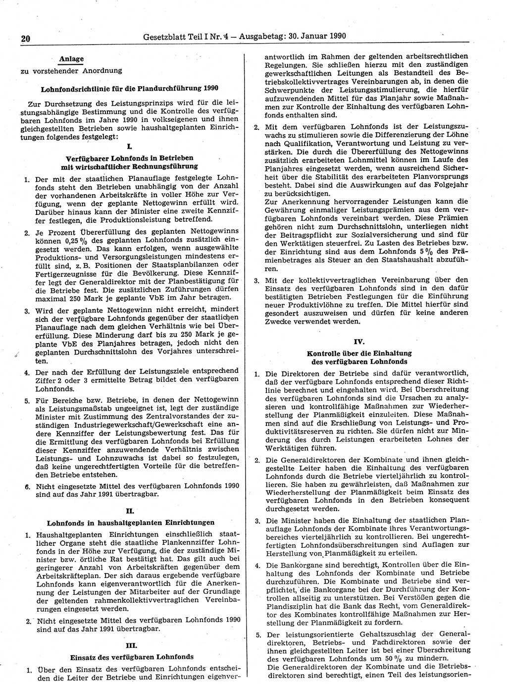Gesetzblatt (GBl.) der Deutschen Demokratischen Republik (DDR) Teil Ⅰ 1990, Seite 20 (GBl. DDR Ⅰ 1990, S. 20)