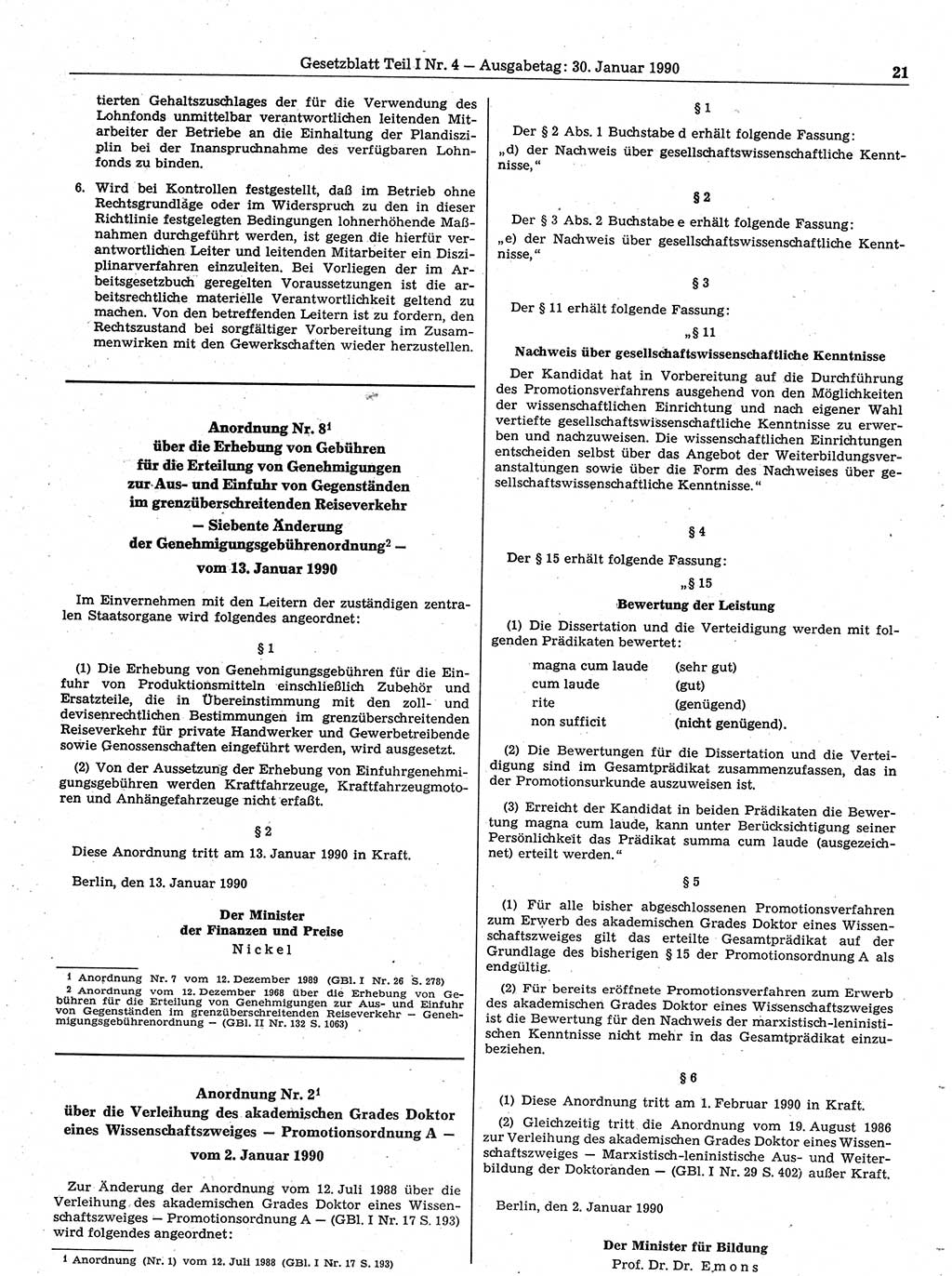 Gesetzblatt (GBl.) der Deutschen Demokratischen Republik (DDR) Teil Ⅰ 1990, Seite 21 (GBl. DDR Ⅰ 1990, S. 21)