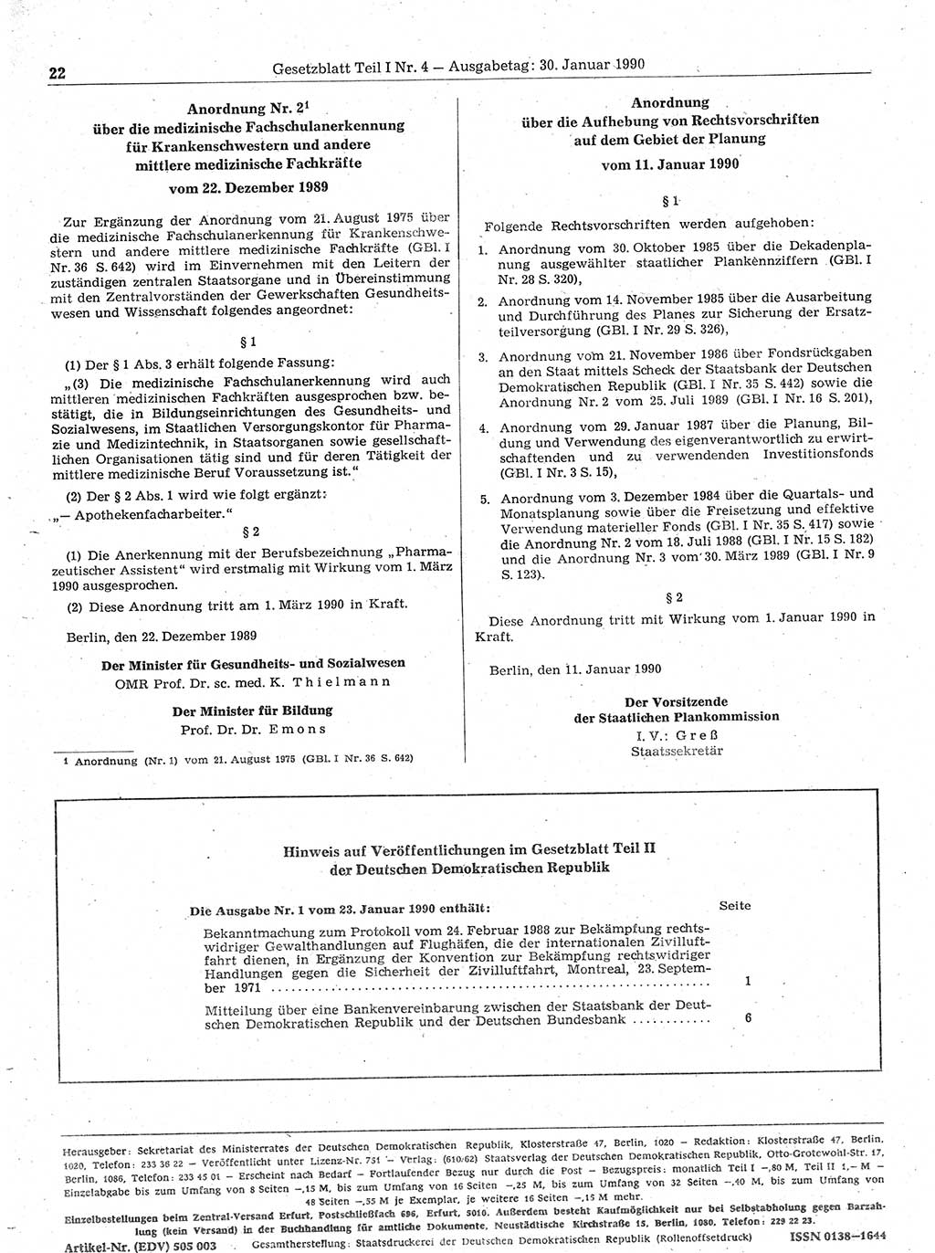 Gesetzblatt (GBl.) der Deutschen Demokratischen Republik (DDR) Teil Ⅰ 1990, Seite 22 (GBl. DDR Ⅰ 1990, S. 22)