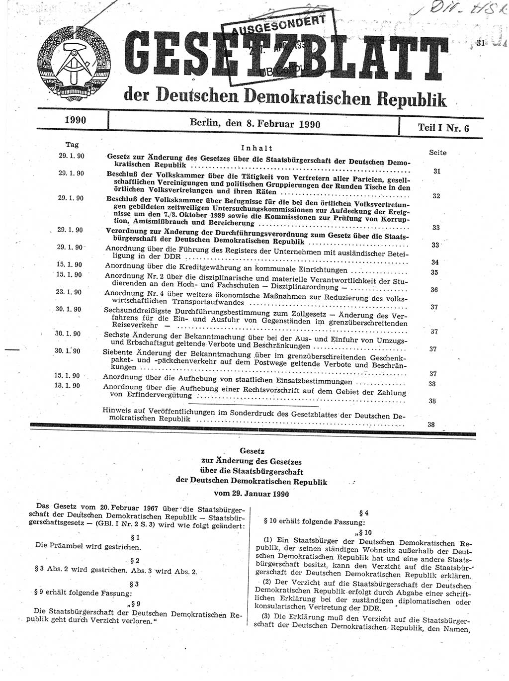 Gesetzblatt (GBl.) der Deutschen Demokratischen Republik (DDR) Teil Ⅰ 1990, Seite 31 (GBl. DDR Ⅰ 1990, S. 31)
