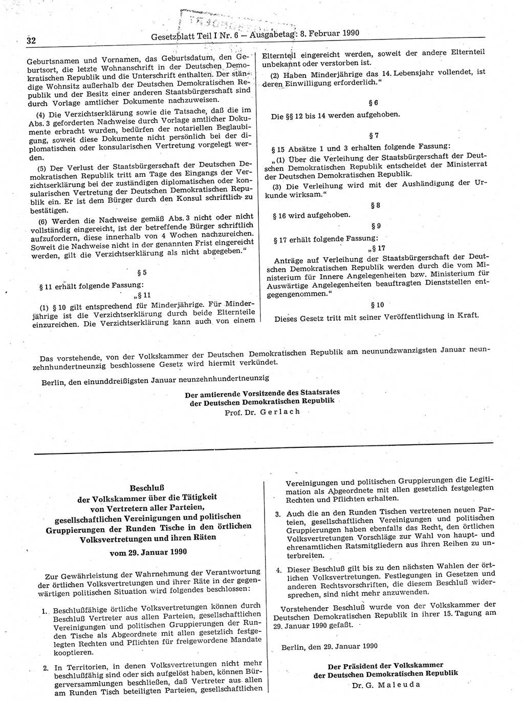 Gesetzblatt (GBl.) der Deutschen Demokratischen Republik (DDR) Teil Ⅰ 1990, Seite 32 (GBl. DDR Ⅰ 1990, S. 32)