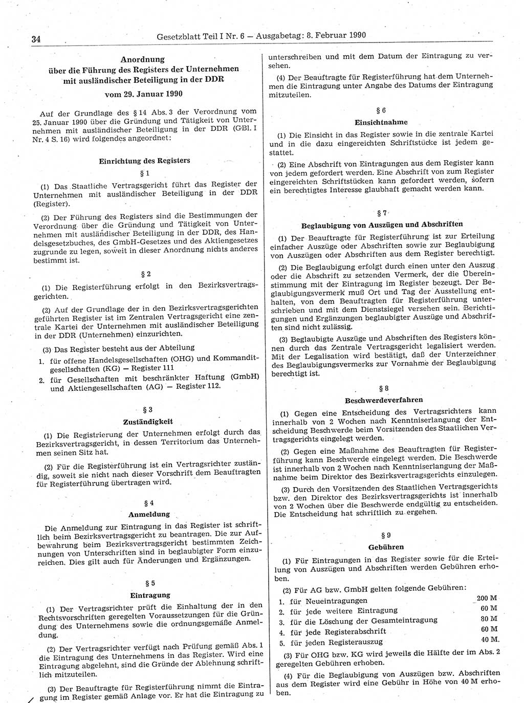 Gesetzblatt (GBl.) der Deutschen Demokratischen Republik (DDR) Teil Ⅰ 1990, Seite 34 (GBl. DDR Ⅰ 1990, S. 34)