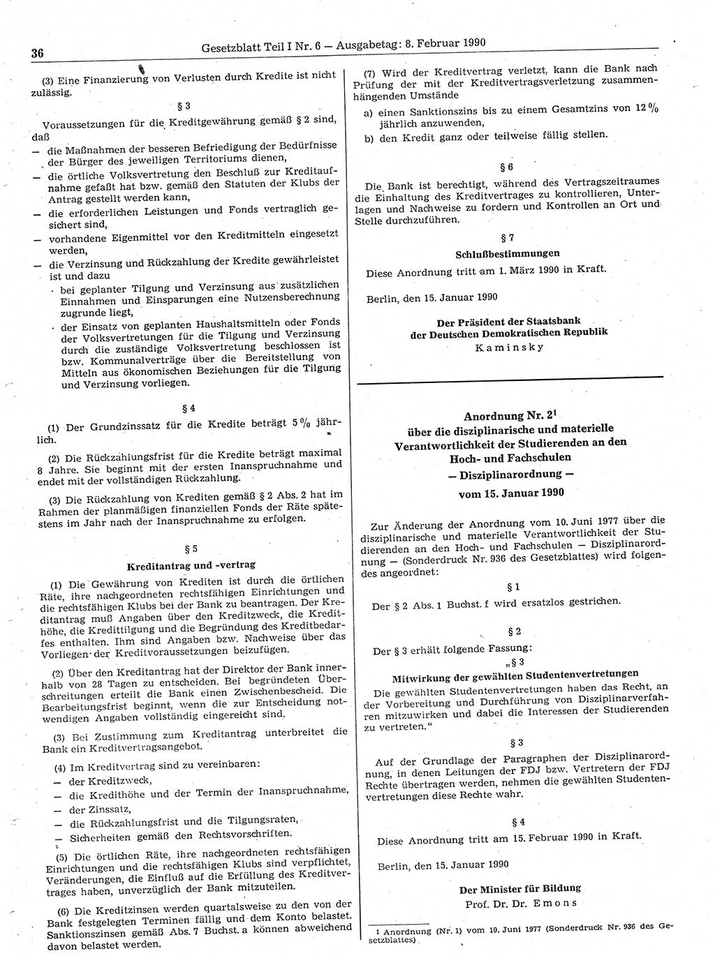 Gesetzblatt (GBl.) der Deutschen Demokratischen Republik (DDR) Teil Ⅰ 1990, Seite 36 (GBl. DDR Ⅰ 1990, S. 36)
