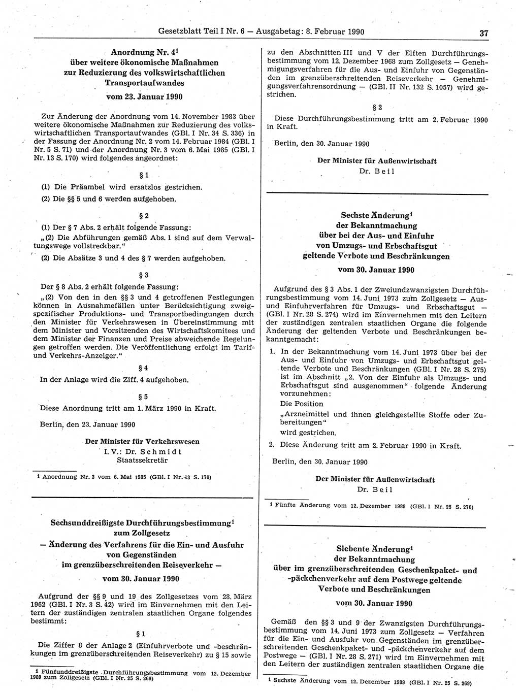 Gesetzblatt (GBl.) der Deutschen Demokratischen Republik (DDR) Teil Ⅰ 1990, Seite 37 (GBl. DDR Ⅰ 1990, S. 37)
