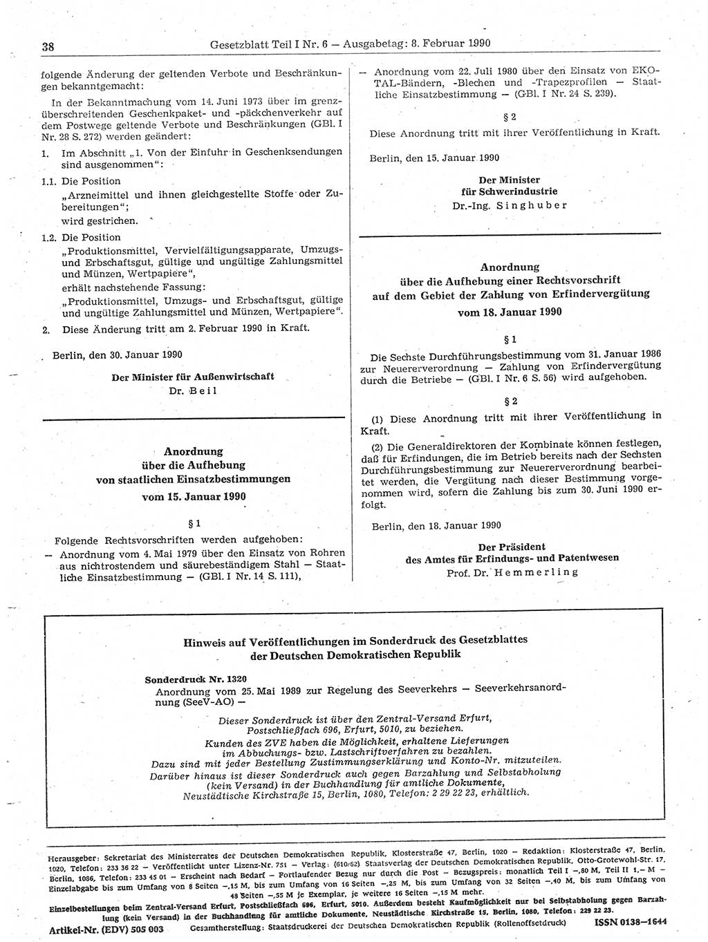 Gesetzblatt (GBl.) der Deutschen Demokratischen Republik (DDR) Teil Ⅰ 1990, Seite 38 (GBl. DDR Ⅰ 1990, S. 38)