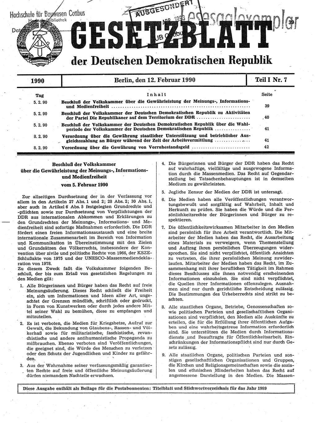 Gesetzblatt (GBl.) der Deutschen Demokratischen Republik (DDR) Teil Ⅰ 1990, Seite 39 (GBl. DDR Ⅰ 1990, S. 39)