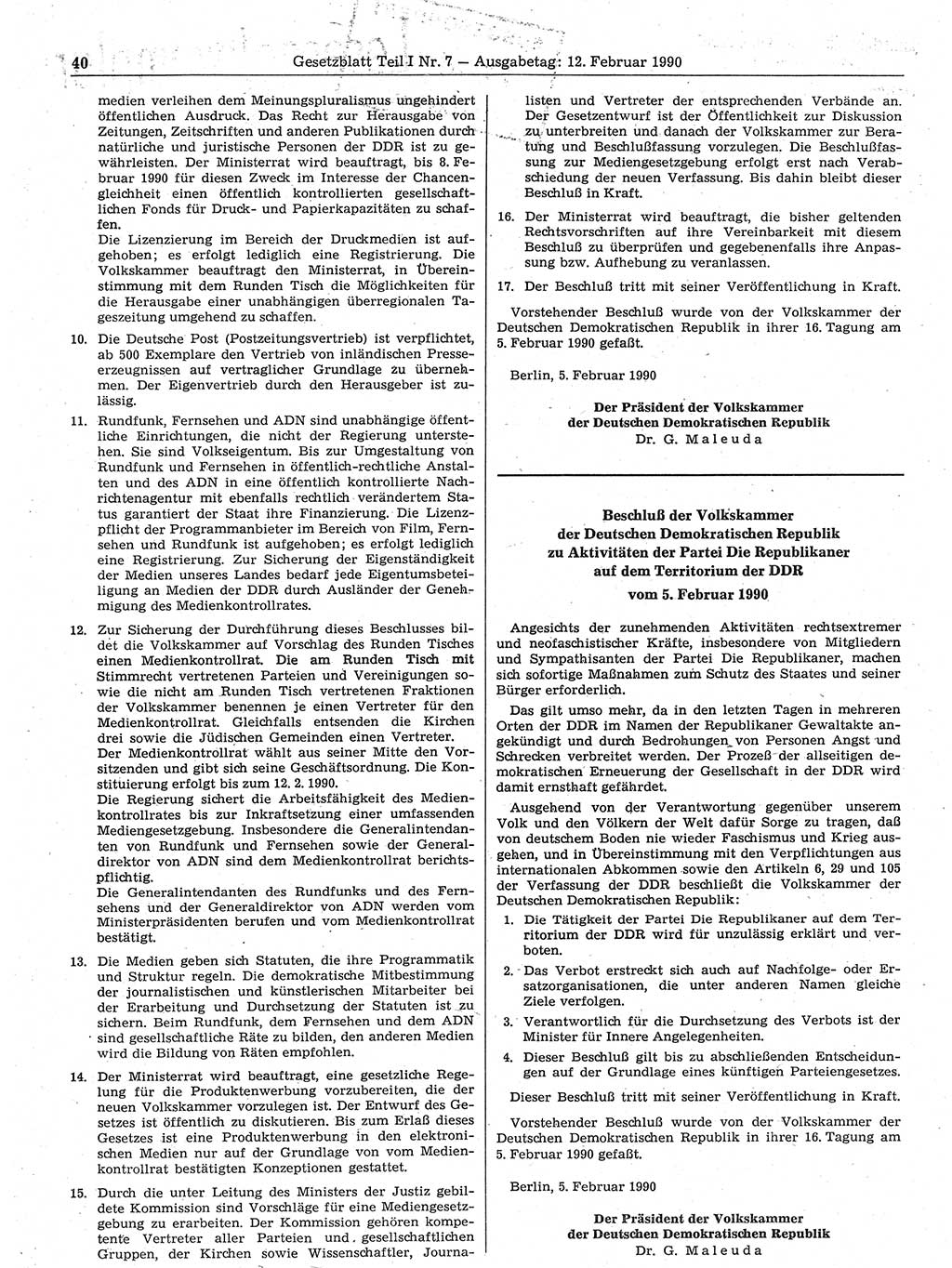 Gesetzblatt (GBl.) der Deutschen Demokratischen Republik (DDR) Teil Ⅰ 1990, Seite 40 (GBl. DDR Ⅰ 1990, S. 40)