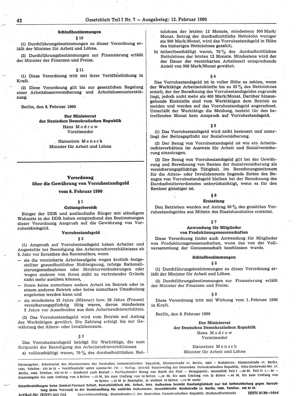 Gesetzblatt (GBl.) der Deutschen Demokratischen Republik (DDR) Teil Ⅰ 1990, Seite 42 (GBl. DDR Ⅰ 1990, S. 42)