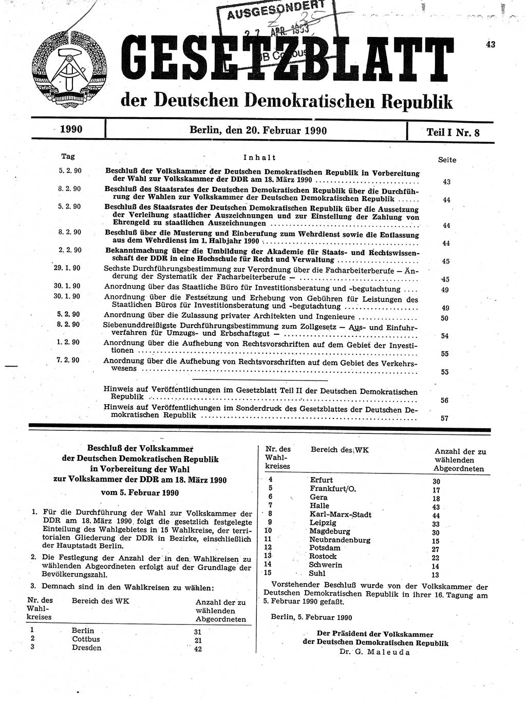 Gesetzblatt (GBl.) der Deutschen Demokratischen Republik (DDR) Teil Ⅰ 1990, Seite 43 (GBl. DDR Ⅰ 1990, S. 43)