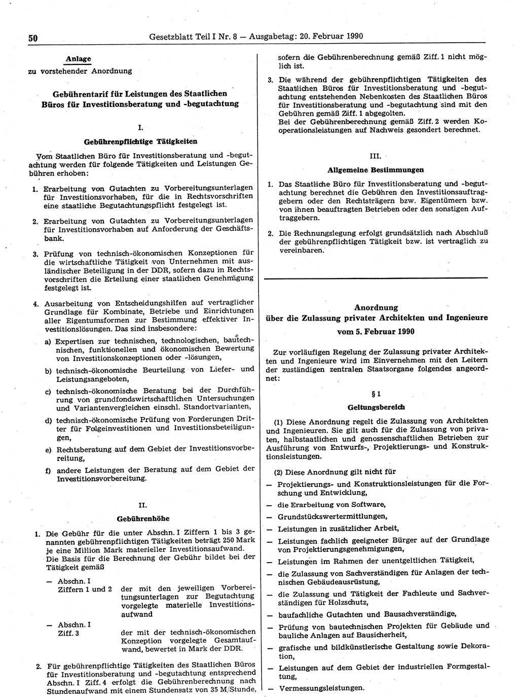Gesetzblatt (GBl.) der Deutschen Demokratischen Republik (DDR) Teil Ⅰ 1990, Seite 50 (GBl. DDR Ⅰ 1990, S. 50)