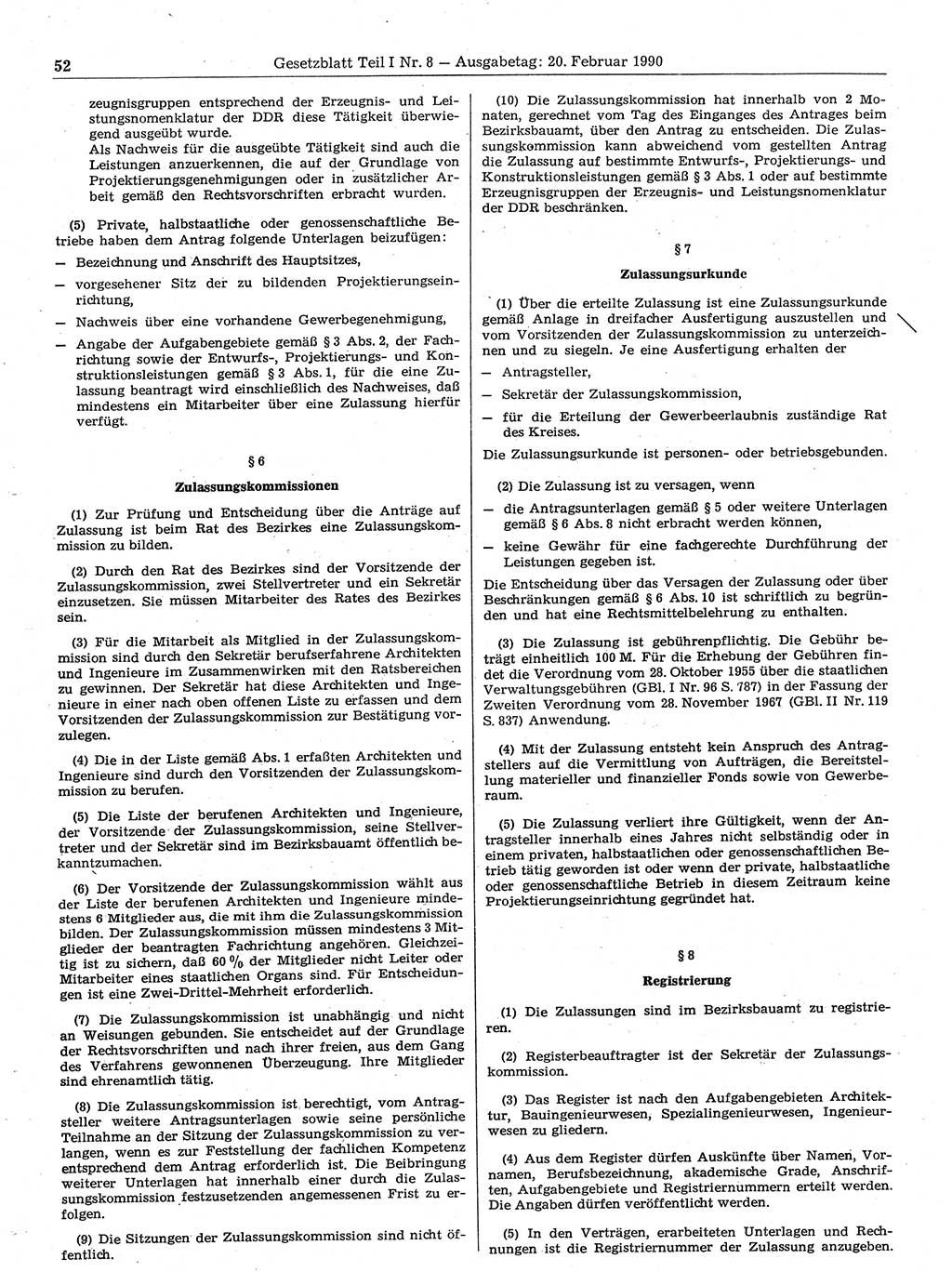 Gesetzblatt (GBl.) der Deutschen Demokratischen Republik (DDR) Teil Ⅰ 1990, Seite 52 (GBl. DDR Ⅰ 1990, S. 52)