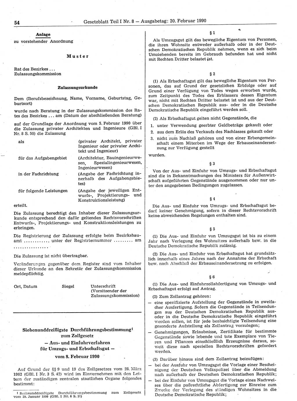 Gesetzblatt (GBl.) der Deutschen Demokratischen Republik (DDR) Teil Ⅰ 1990, Seite 54 (GBl. DDR Ⅰ 1990, S. 54)