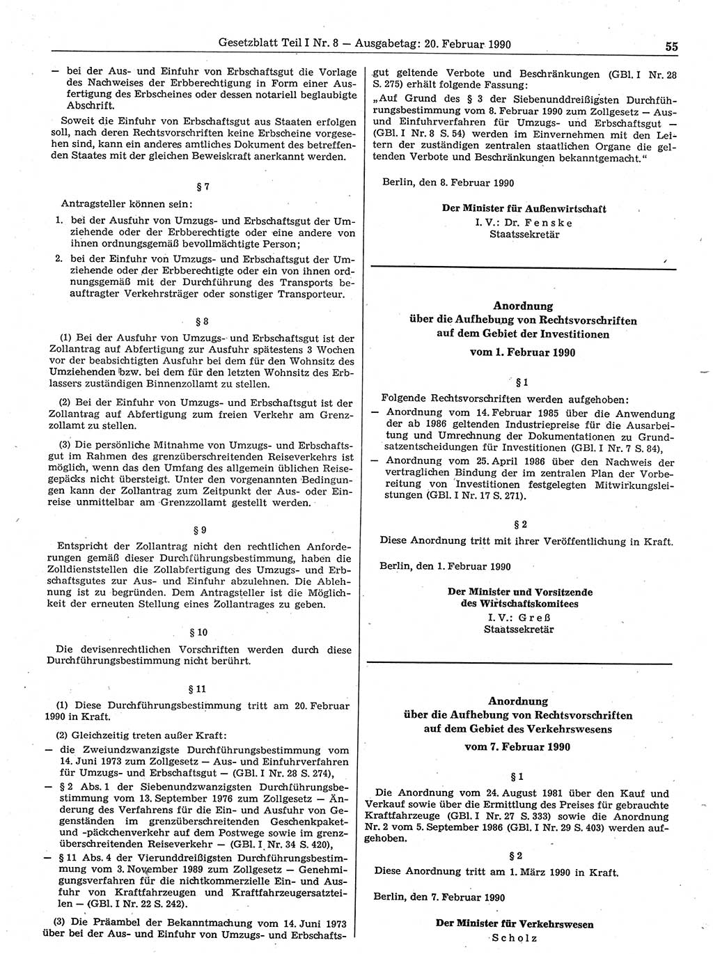 Gesetzblatt (GBl.) der Deutschen Demokratischen Republik (DDR) Teil Ⅰ 1990, Seite 55 (GBl. DDR Ⅰ 1990, S. 55)