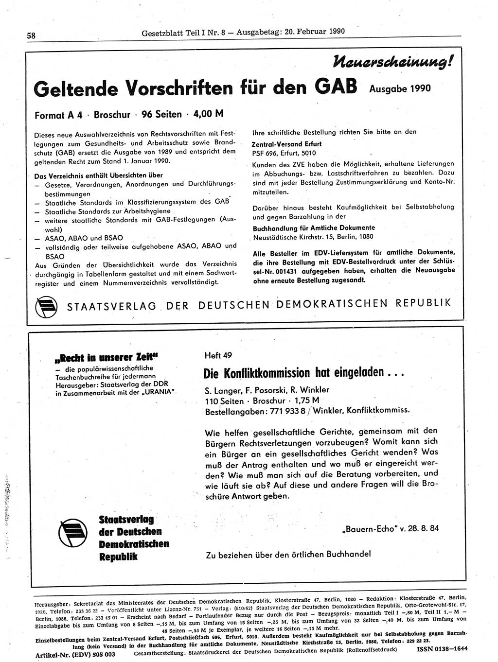 Gesetzblatt (GBl.) der Deutschen Demokratischen Republik (DDR) Teil Ⅰ 1990, Seite 58 (GBl. DDR Ⅰ 1990, S. 58)