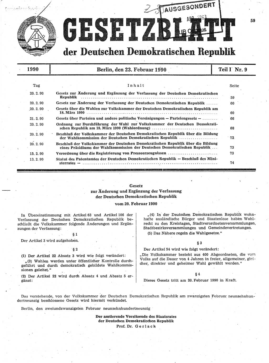 Gesetzblatt (GBl.) der Deutschen Demokratischen Republik (DDR) Teil Ⅰ 1990, Seite 59 (GBl. DDR Ⅰ 1990, S. 59)
