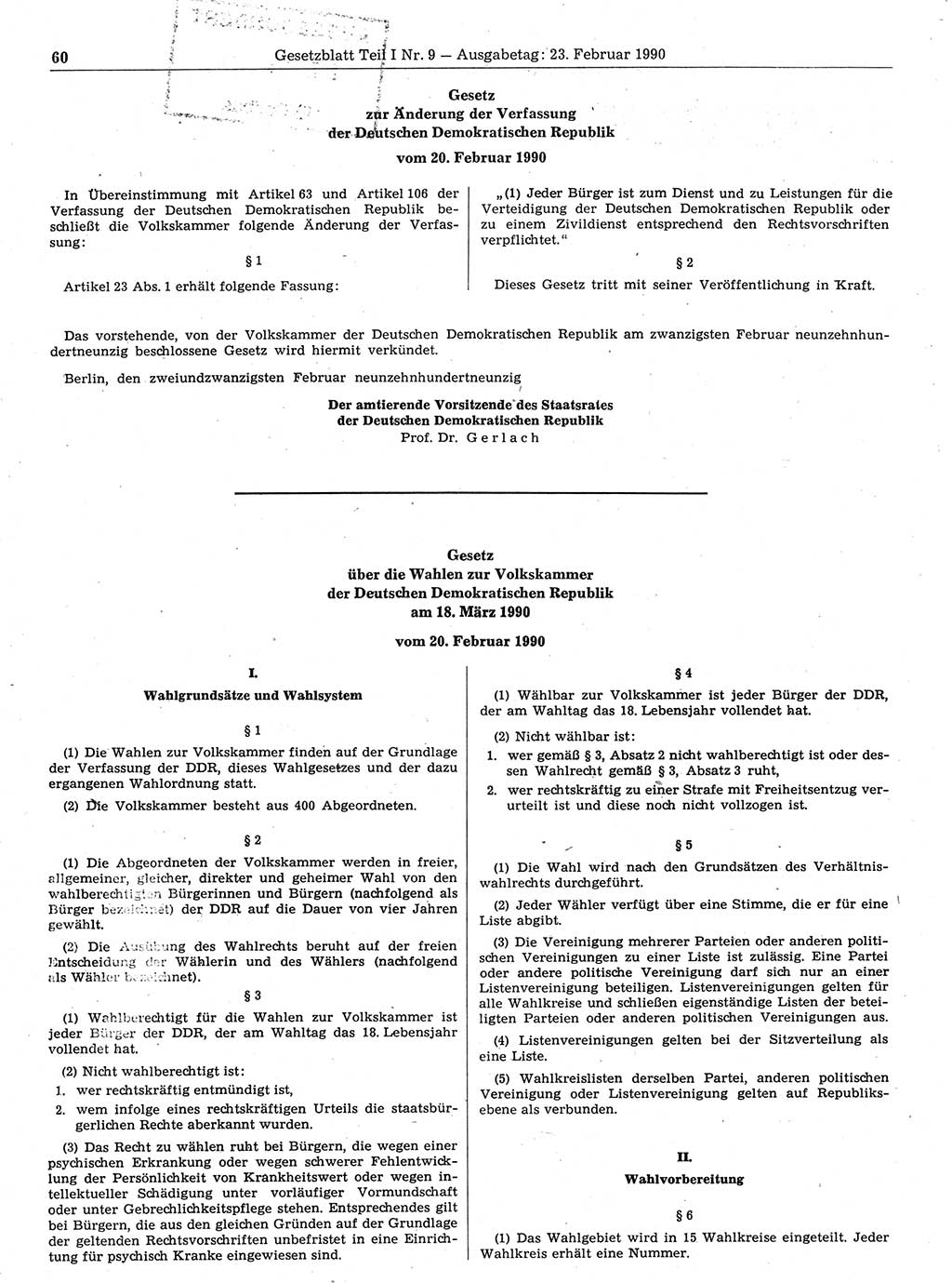 Gesetzblatt (GBl.) der Deutschen Demokratischen Republik (DDR) Teil Ⅰ 1990, Seite 60 (GBl. DDR Ⅰ 1990, S. 60)