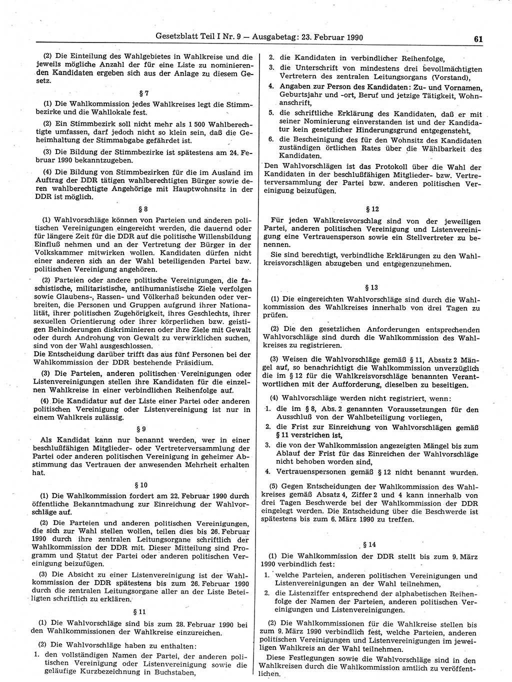 Gesetzblatt (GBl.) der Deutschen Demokratischen Republik (DDR) Teil Ⅰ 1990, Seite 61 (GBl. DDR Ⅰ 1990, S. 61)