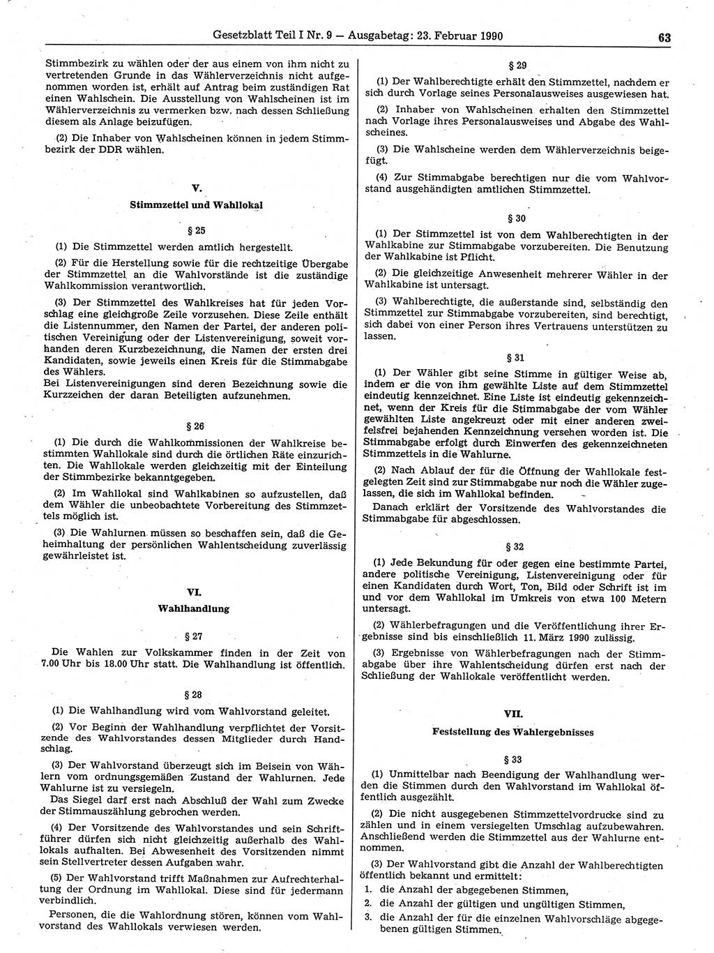 Gesetzblatt (GBl.) der Deutschen Demokratischen Republik (DDR) Teil Ⅰ 1990, Seite 63 (GBl. DDR Ⅰ 1990, S. 63)