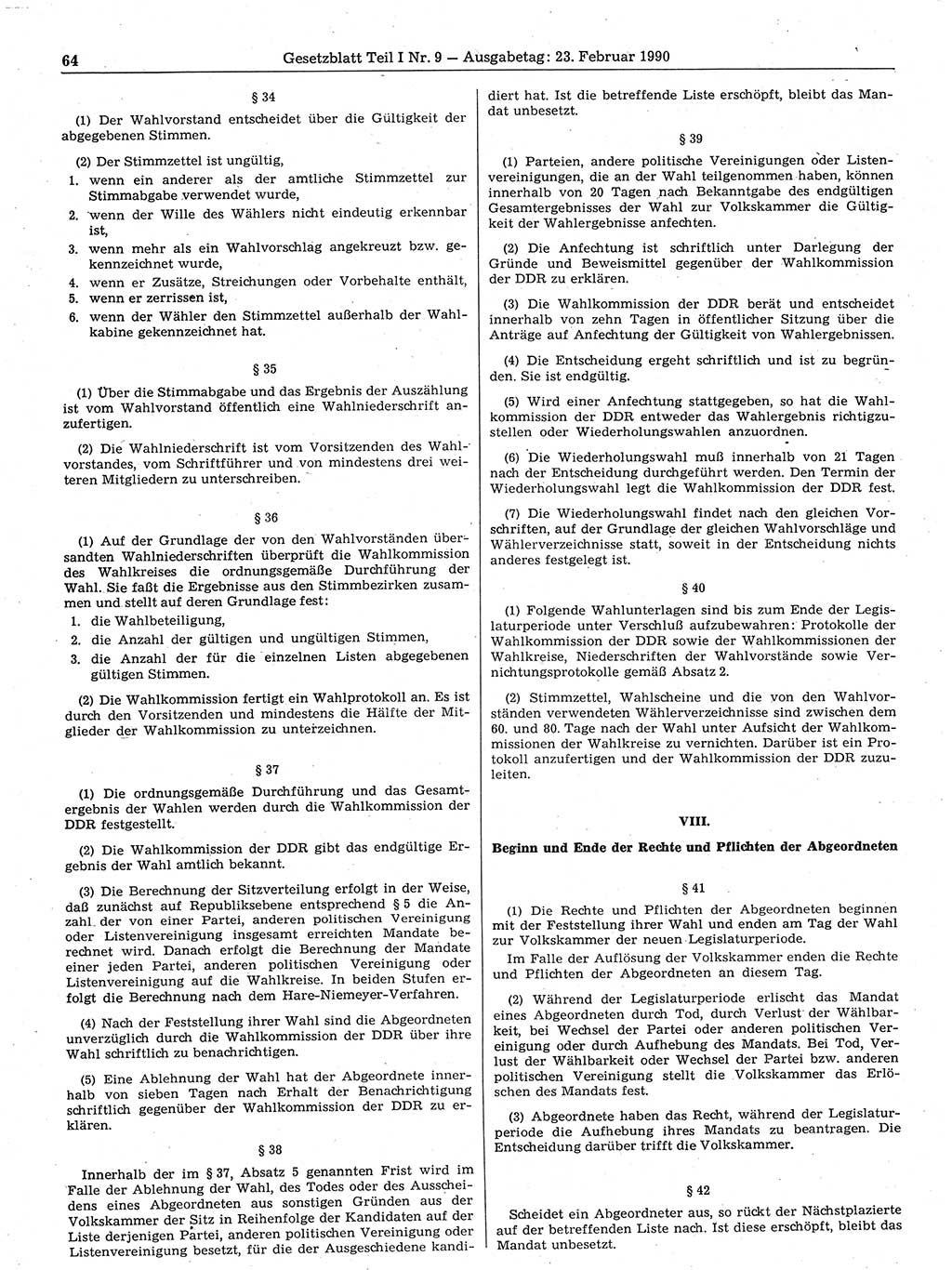 Gesetzblatt (GBl.) der Deutschen Demokratischen Republik (DDR) Teil Ⅰ 1990, Seite 64 (GBl. DDR Ⅰ 1990, S. 64)