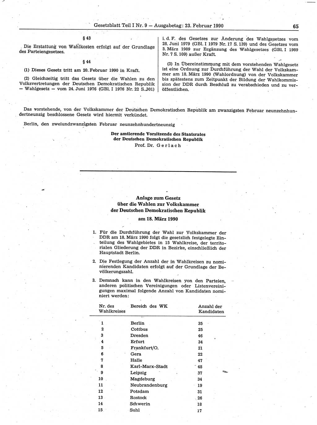 Gesetzblatt (GBl.) der Deutschen Demokratischen Republik (DDR) Teil Ⅰ 1990, Seite 65 (GBl. DDR Ⅰ 1990, S. 65)